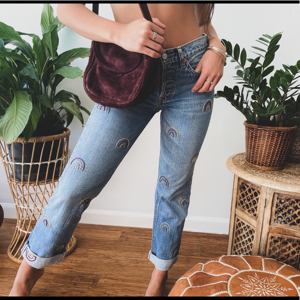 ONE OF A KIND LEVI HAND EMBROIDERED RAINBOW JEANS - Picture 2 of 16